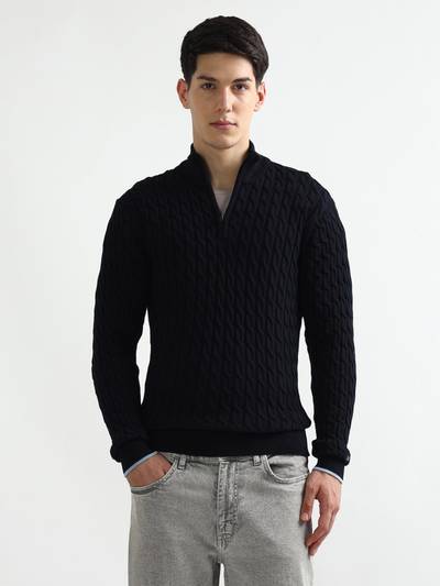 Men Navy Blue Textured Sweater