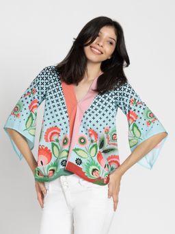 SHAYE - V-Neck Green Printed Three Quarter Flared Sleeves Casual Tops for Women