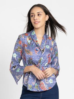 SHAYE - V-Neck Blue Printed Three Quarter Sleeves Casual Tops for Women