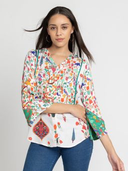 SHAYE - V-Neck Multi-Color Printed Three Quarter Sleeves Casual Satin Tops for Women