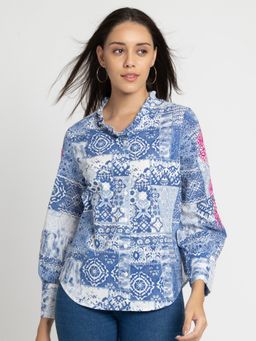 SHAYE - Collarless White Indigo Printed Long Sleeves Casual Shirts for Women