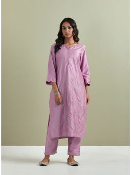 Priya Chaudhary - Chanderi Embroidered Purple Kurta with Pant (Set of 2)