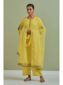 Priya Chaudhary - Cotton Embroidered Yellow Kurta with Pant and Dupatta (Set of 3)