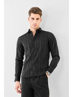 Snitch - Men Black Floral Stripes Full Sleeves Party Shirt