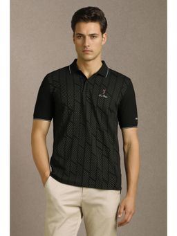 Louis Philippe - Men Black Stripes Printed Polo Neck T-shirt