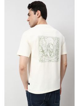 Peter England - Men Cream Graphic Printed Round Crew Neck T-shirt