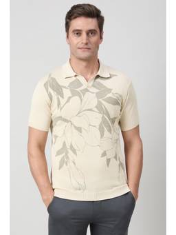 Peter England - Men Beige Floral Printed Polo Neck T-shirt