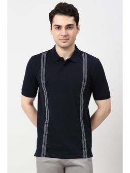 Peter England - Men Navy Blue Stripes Polo Neck T-shirt