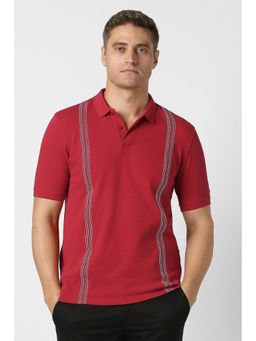 Peter England - Men Red Textured Polo Neck T-shirt