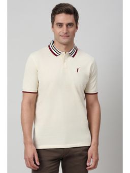 Peter England - Men Cream Solid Polo Neck T-shirt