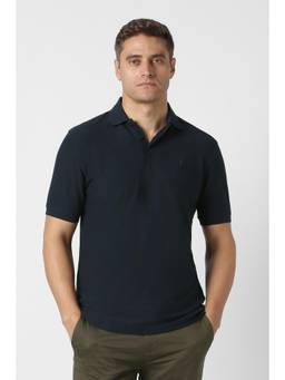 Peter England - Men Navy Blue Textured Polo Neck T-shirt