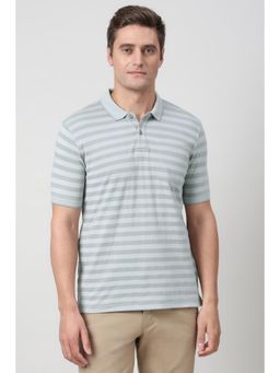 Peter England - Men Grey Stripes Polo Neck T-shirt