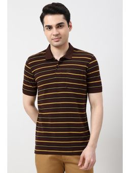 Peter England - Men Brown Stripes Polo Neck T-shirt