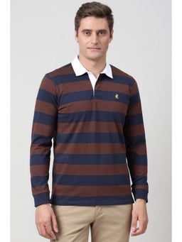 Peter England - Men Navy Blue and Brown Stripes Polo Neck T-shirt