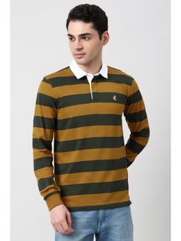 Peter England - Men Yellow and Olive Stripes Polo Neck T-shirt