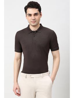 Peter England - Men Brown Stripes Printed Polo Neck T-shirt