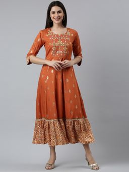 NEERU'S - Rust Straight Casual Embroidered Dress