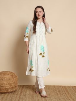 ISHKIYA - Off White Flower Loom Printed Kurta and Pant (Set of 2)