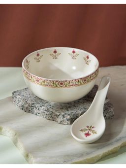 Fabindia - Rukmani Decal Ceramic Soup Bowl with Spoon