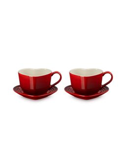 Le Creuset - Heart Mugs With Saucer- Cerise (Pack of 2)