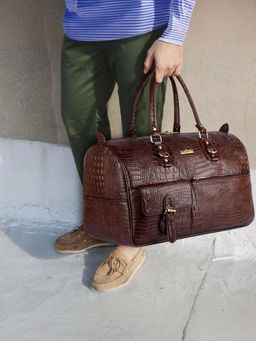 The Clownfish - Unisex Crocodile Leatherette 34L Travel Duffle Bag with Detachable Strap - Brown