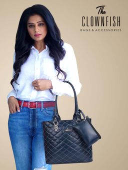 The Clownfish - Siya Collection Faux Leather Handbag with Pouch - Navy Blue