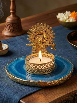Homearte - Agate Metal Krishna Bansi Tealight Holder - Blue