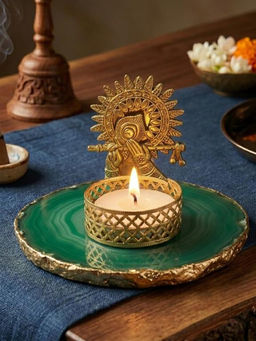 Homearte - Agate Metal Krishna Bansi Tealight Holder - Green