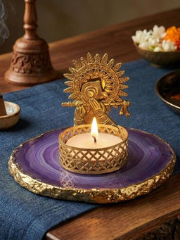Homearte - Agate Metal Krishna Bansi Tealight Holder - Purple