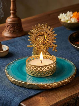Homearte - Agate Metal Krishna Bansi Tealight Holder - Turquoise