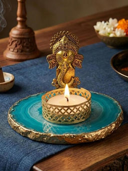 Homearte - Agate Metal Ganesha Tealight Holder - Turquoise