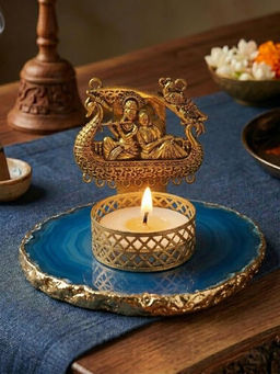 Homearte - Agate Metal Radha Krishna Tealight Holder - Blue