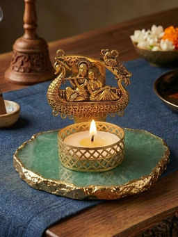 Homearte - Agate Metal Radha Krishna Tealight Holder - Green
