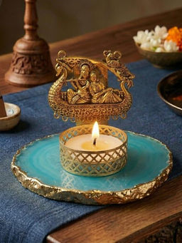 Homearte - Agate Metal Radha Krishna Tealight Holder - Turquoise
