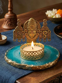 Homearte - Agate Metal Venkateshwar Tealight Holder - Turquoise