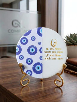 Homearte - Marble Half Evil Eye Guruji Mantra Idle with Folding Metal Stand
