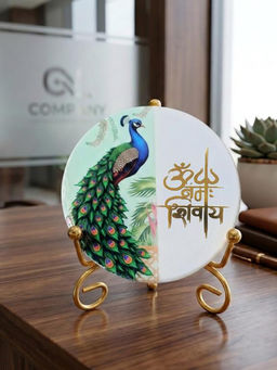 Homearte - Marble Half Peacock Om Namah Shivay Idle with Folding Metal Stand