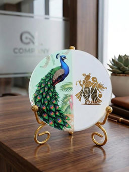 Homearte - Marble Half Peacock Radha Krishna Idle with Folding Metal Stand