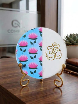 Homearte - Marble Half Pichwai Om Idle with Folding Metal Stand