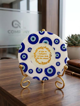 Homearte - Marble Round Evil Eye Gaytri Mantra Idle with Folding Metal Stand