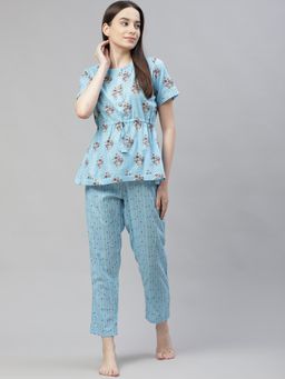 Laado - Blue Floral Print Pure Cotton Sustainable Night Suit (Set of 2)