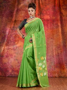 CHARUKRITI - Green Cotton Handwoven Saree with Resham Pallu and Unstitched Blouse
