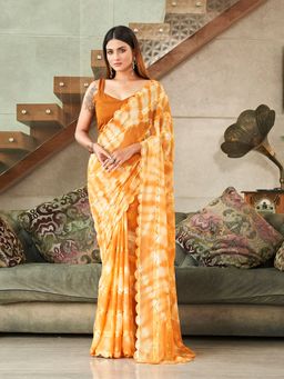 Tikhi Imli - Mustard and White Shibori Printed Satin Saree with Sequin Handwork with Unstitched Blouse