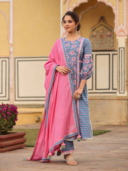 EverBloom - Malika Blue Floral High Slit Suit With Pant And Dupatta (Set of 3)