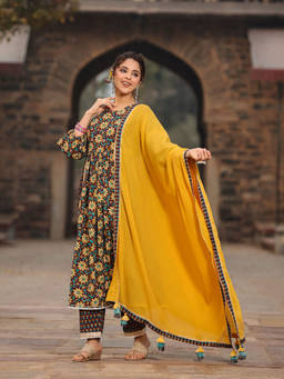 EverBloom - Veeda Brown Floral High Slit Suit With Pant And Dupatta (Set of 3)