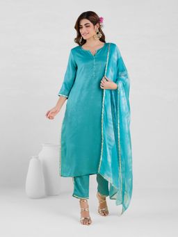 Likha - Utsav Teal Lace Detailing Kurta Pant & Tie Dye Dupatta LIKJANSKD01