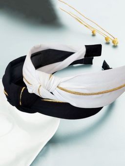 OOMPH - Combo of 2 White & Gold Black & Gold Satin Silk Knotted Hair Band Head Band