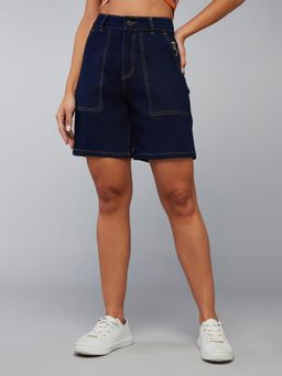 DOLCE CRUDO - Women Navy Blue High Rise Clean Look Stretchable Denim Shorts