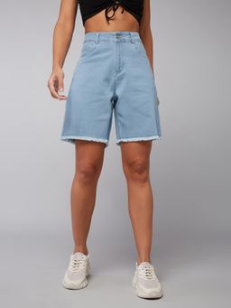 DOLCE CRUDO - Women Light Blue Regular High Rise Stretchable Denim Shorts