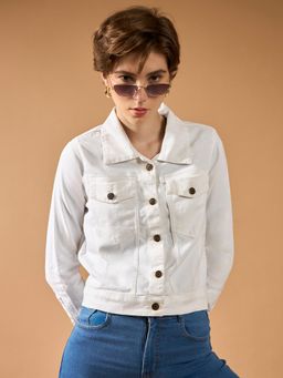 DOLCE CRUDO - Women White Collar Neck Full Sleeves Denim Solid Cropped Jacket